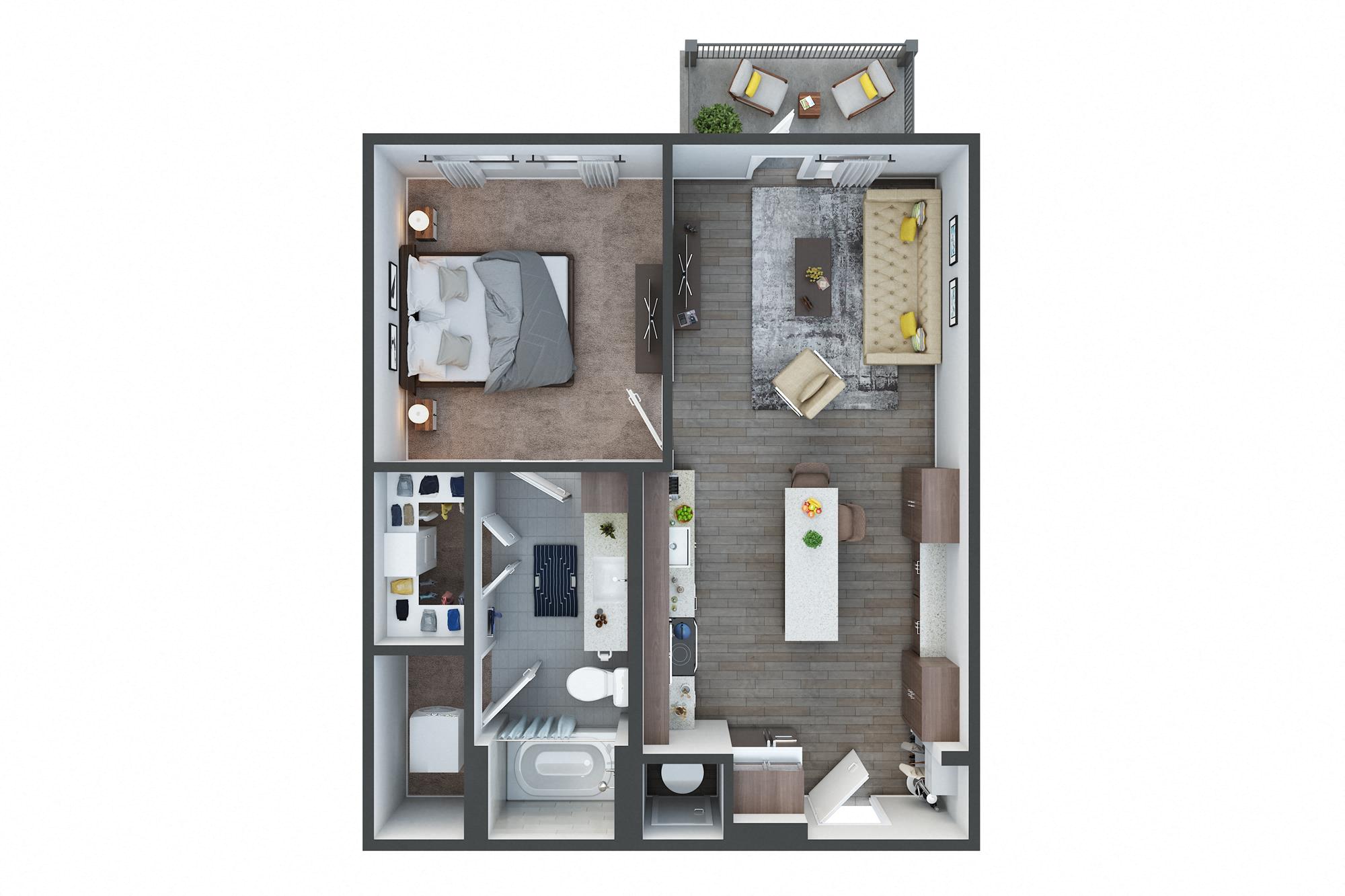 Floor plan for 1 bed, 1 bath, 672 sqft